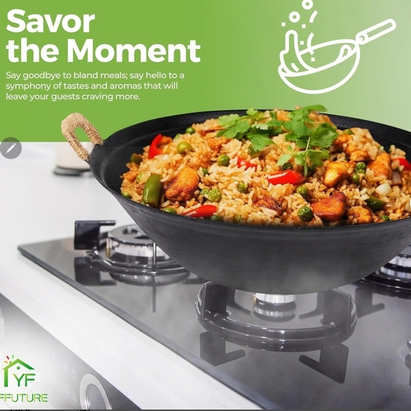 Brand New 14.2" Cast Iron Wok w/ Wood Lid | Pre-Seasoned | Flat Bottom | YFFutur - Picture 2 of 8